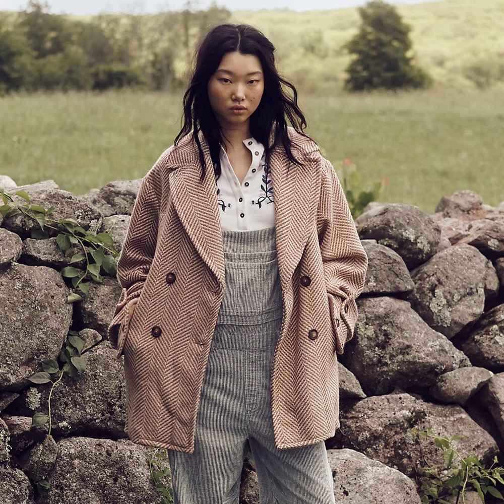 Free People Beige Herringbone Double-Breasted Peacoat
